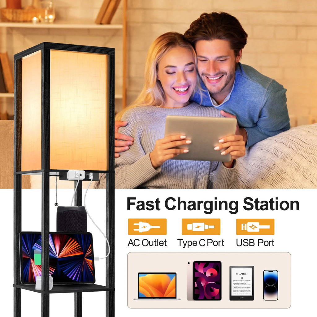 Floor Lamp with Shelves, USB Port, Linen Shade I570150