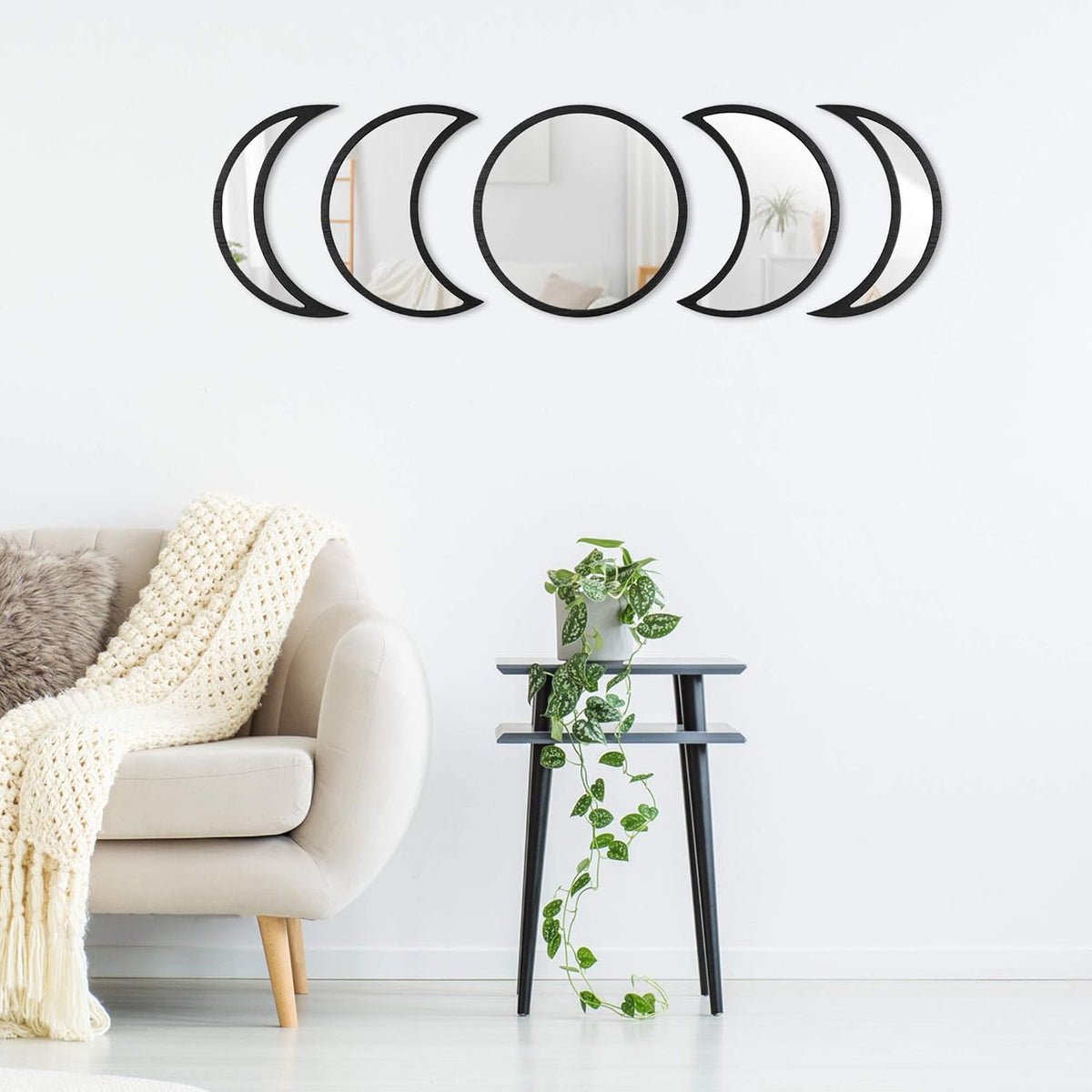 Scandinavian Moon Phase Mirror Set Glass Wood Frame Rustic White K3381
