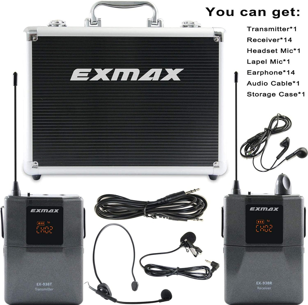 Wireless Headset Microphone Tour Guide System (1 Transmitter 14 Receivers with Black Storage Case) J696382