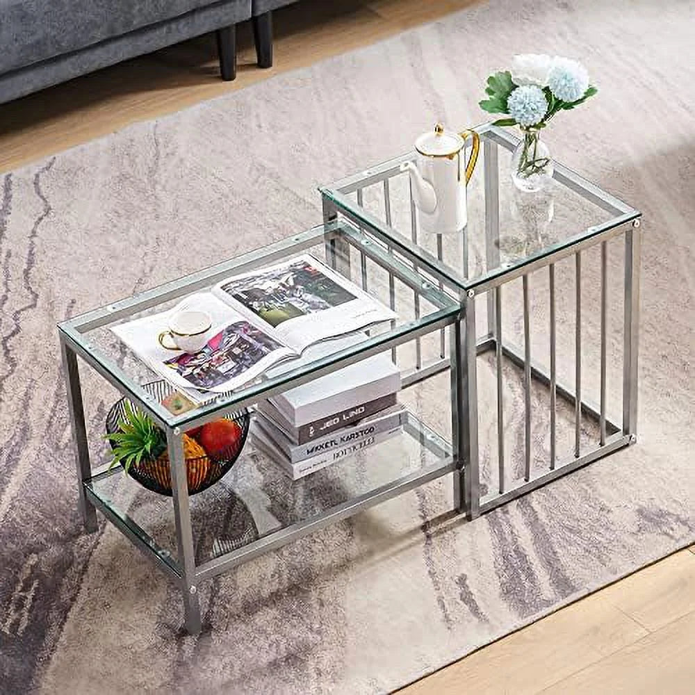 Silver Glass Coffee Table Set with Metal Base D1081