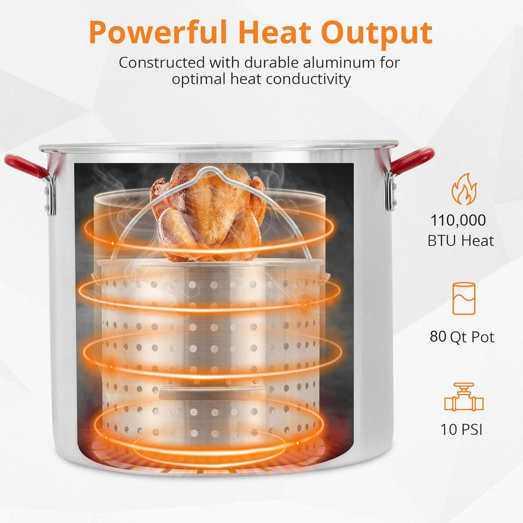 80 Qt Aluminum Seafood Boil Pot with Steam Basket and Propane Jet Burner N2415