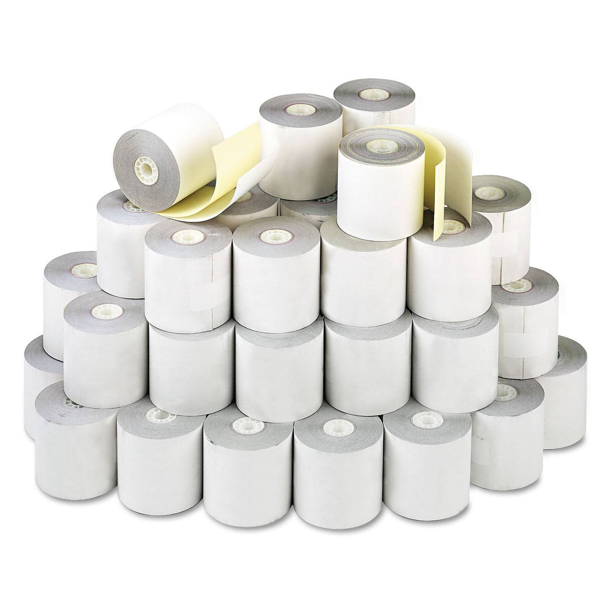 2.25x22 x 70 ft White Canary Carbonless Paper Rolls, 50/Carton X6596