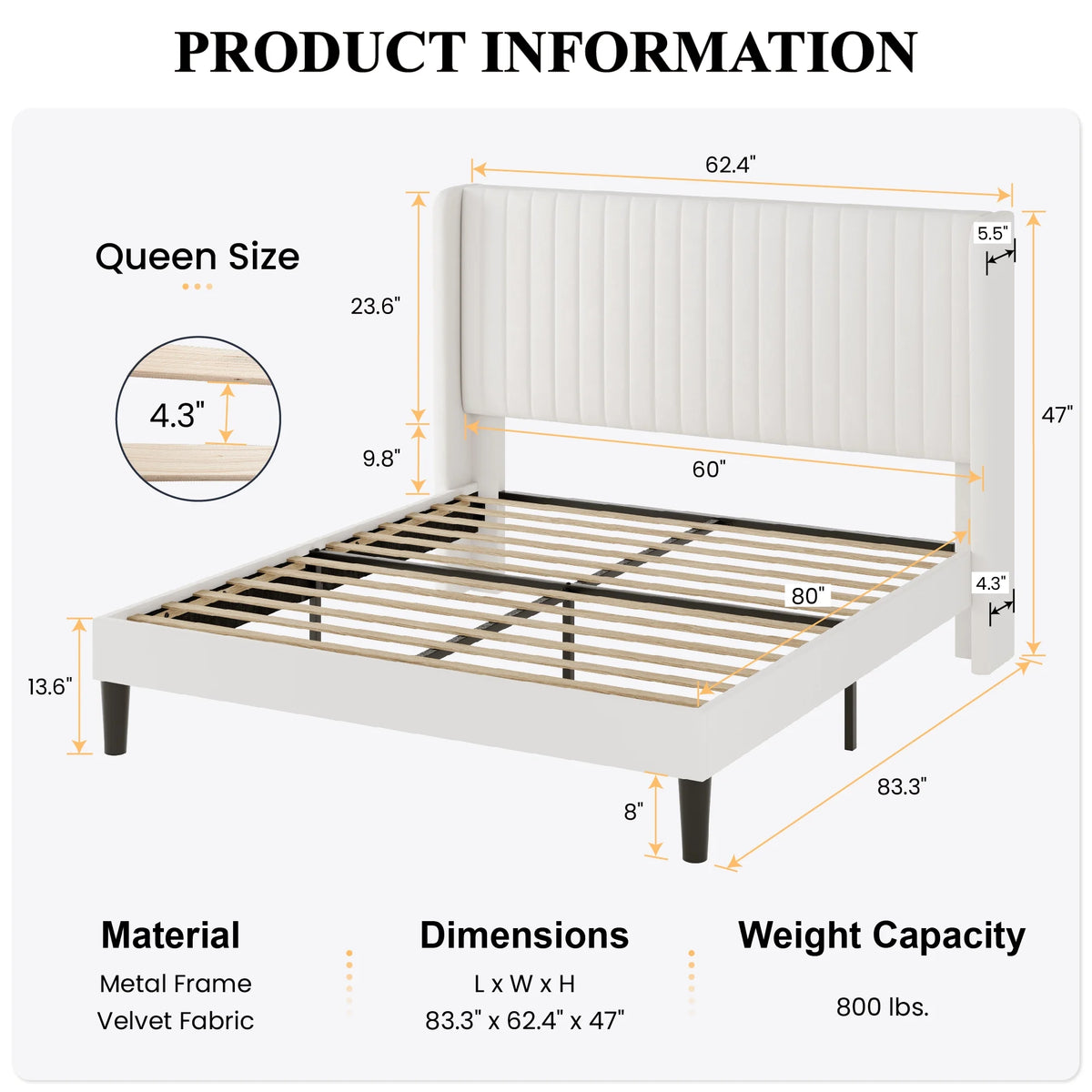Queen Size Velvet Upholstered Platform Bed Frame P88077