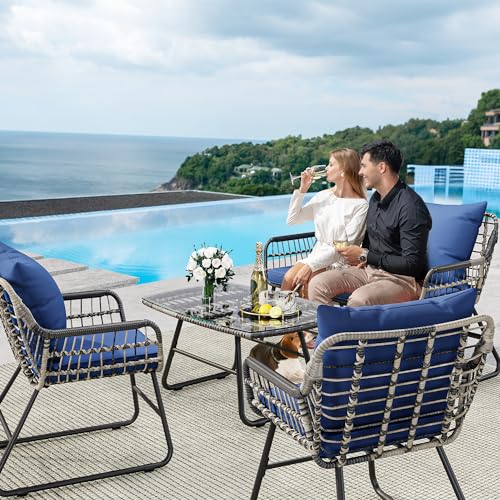 4-Piece Outdoor Wicker Bistro Set with Cushions and Metal Table B65618
