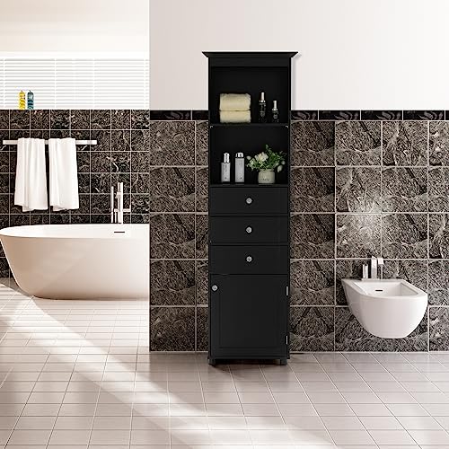 Black Tall Freestanding Storage Cabinet with 2 Open Shelves, 3 Drawers U210