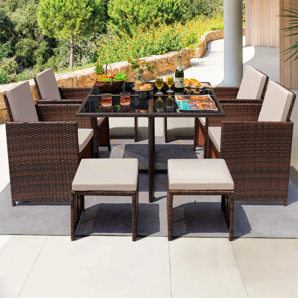 9 Pieces Outdoor Dining Set Wicker Chairs with Glass Table T9191