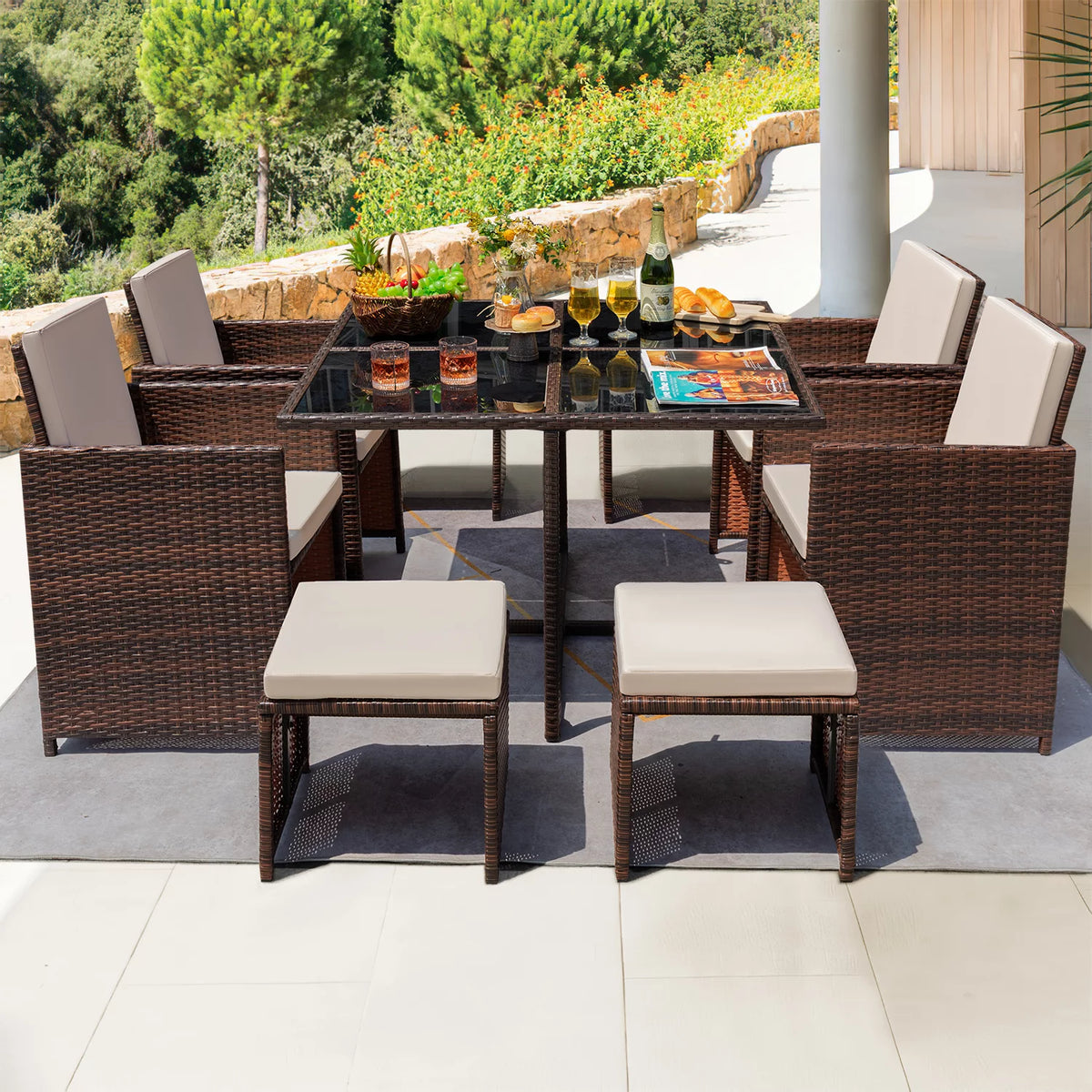 9 Pieces Outdoor Dining Set Wicker Chairs with Glass Table T9191
