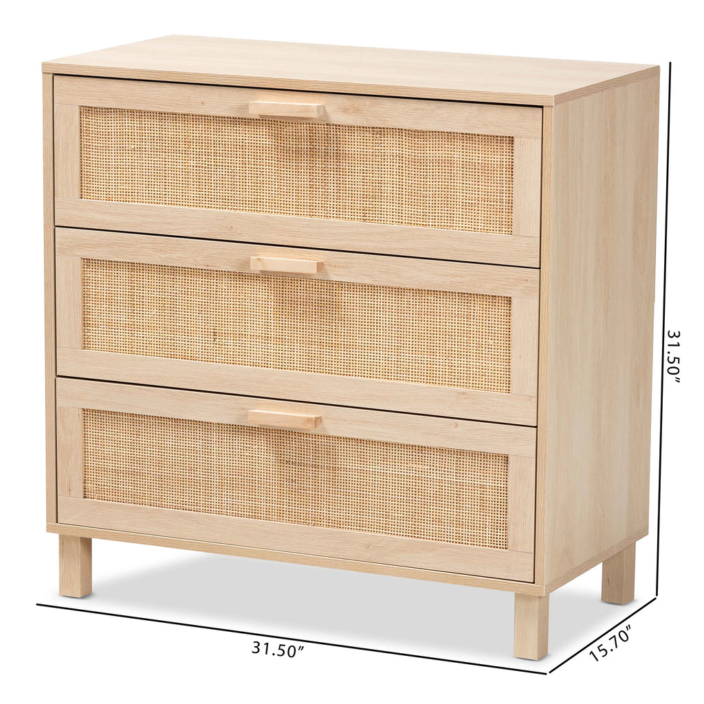 Light Brown Wood 3 Drawer Storage Cabinet with Rattan X807