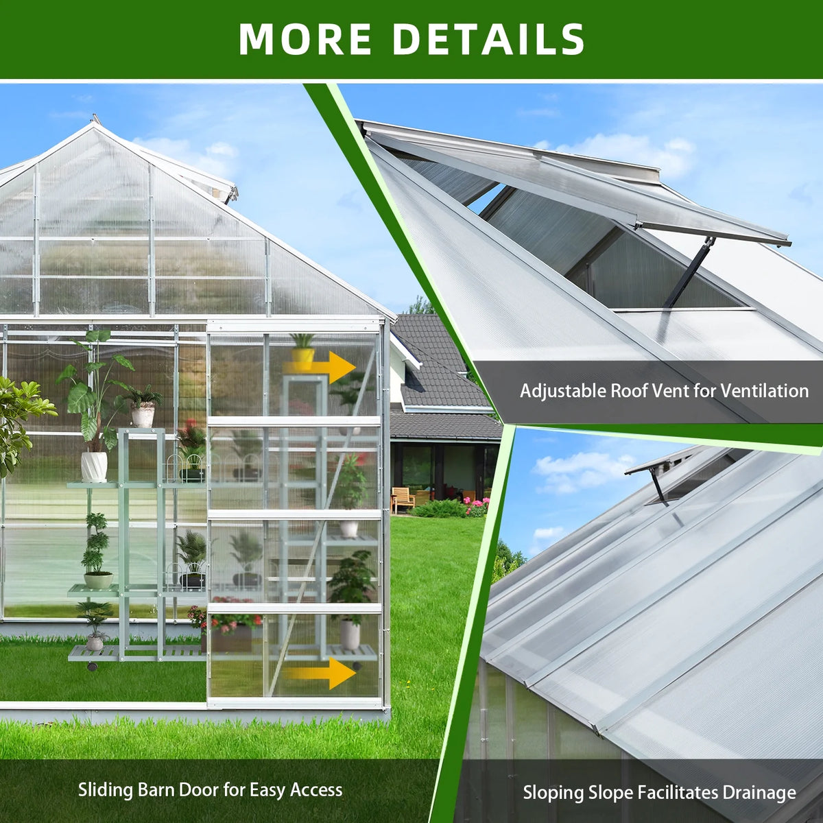 10' x 16' Walk-in Polycarbonate Greenhouse with Adjustable Roof Vent F4125