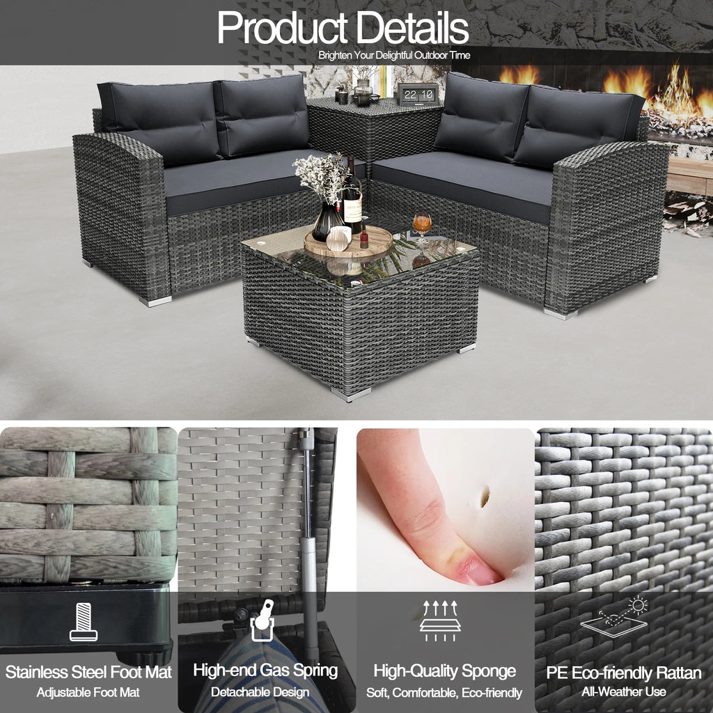 4 Pieces PE Rattan Sectional Sofa Set with Glass Table K171