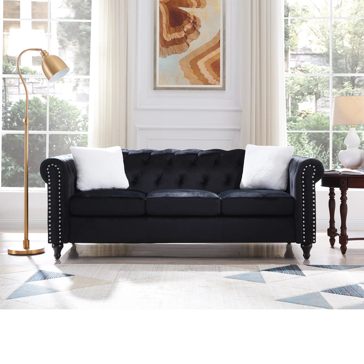 Black 2 Piece Sofa Set with 4 White Pillows B386