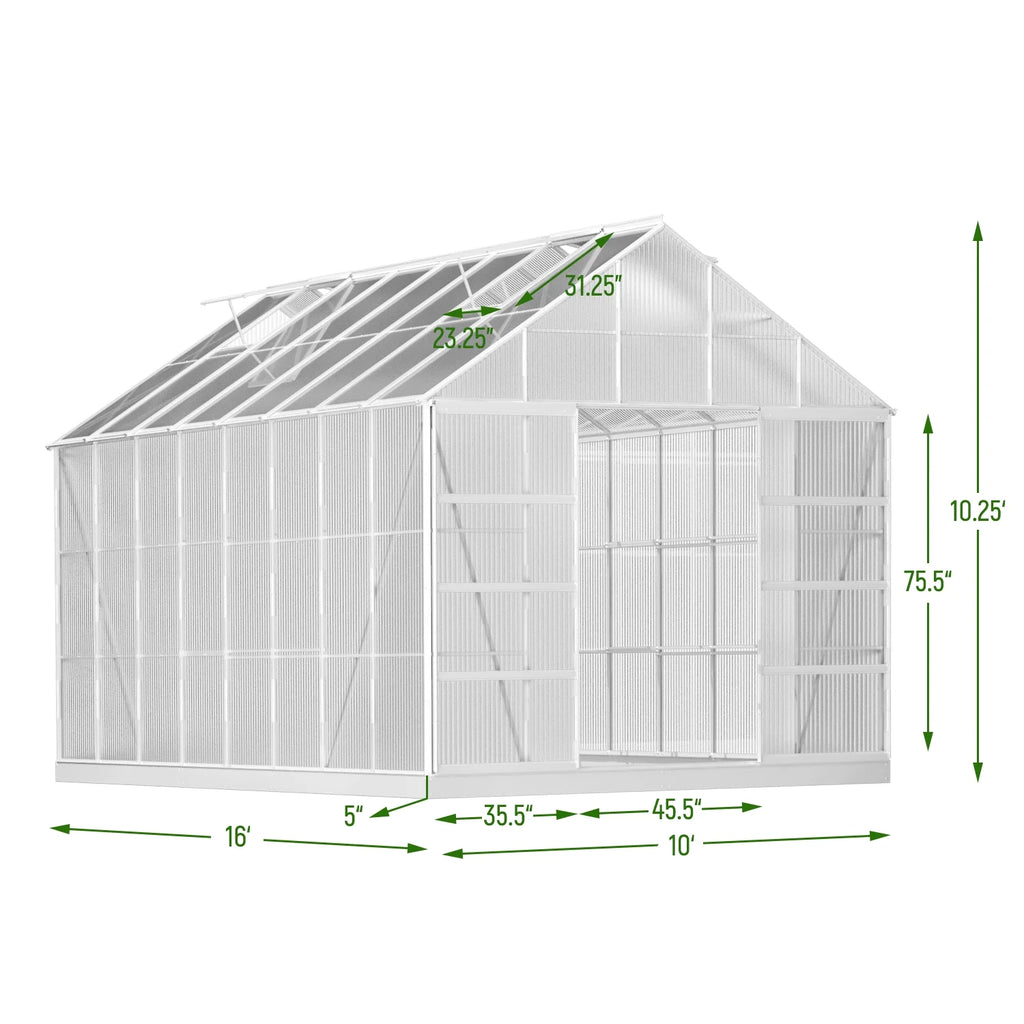 10' x 16' Walk-in Polycarbonate Greenhouse with Adjustable Roof Vent F4125