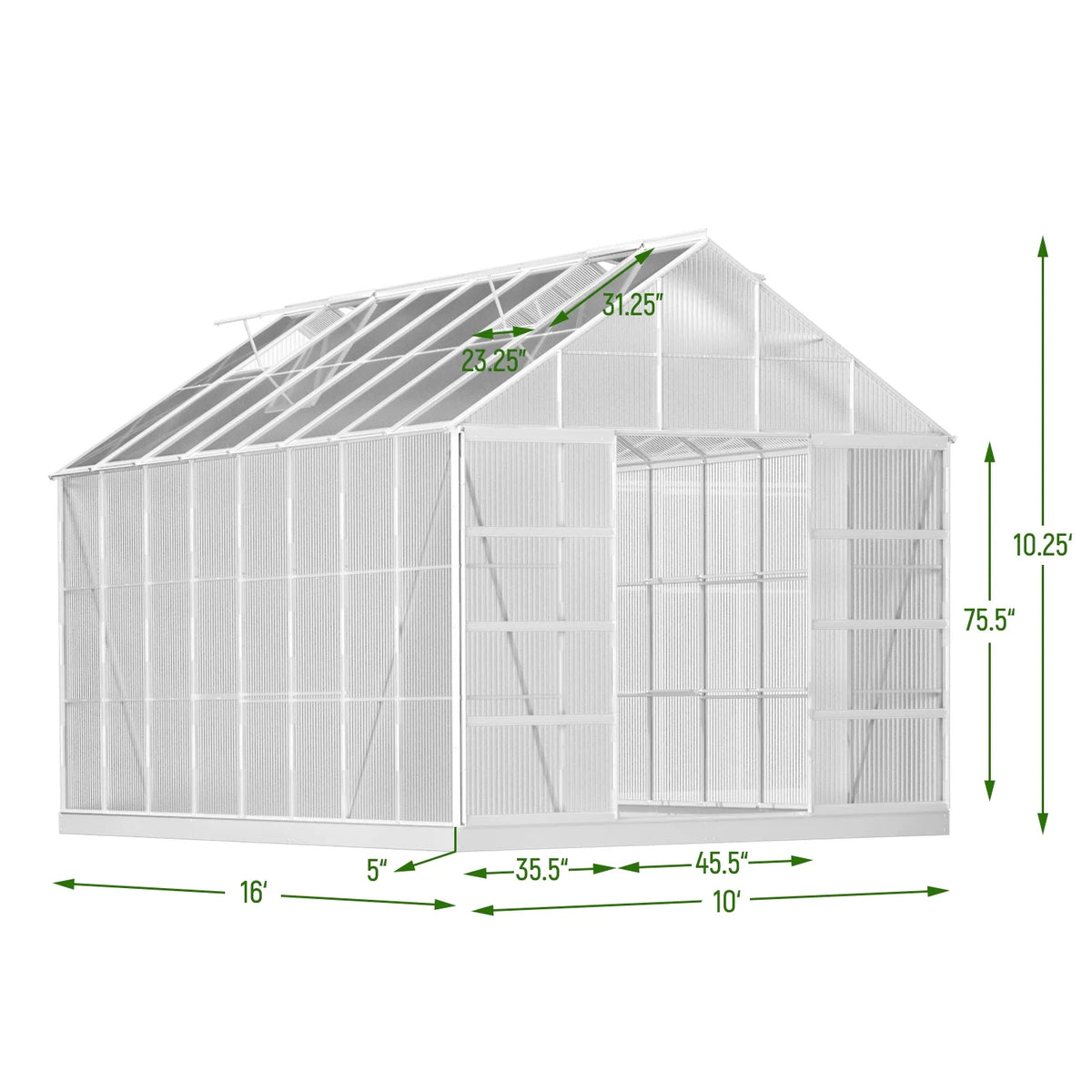 10' x 16' Walk-in Polycarbonate Greenhouse with Adjustable Roof Vent F4125