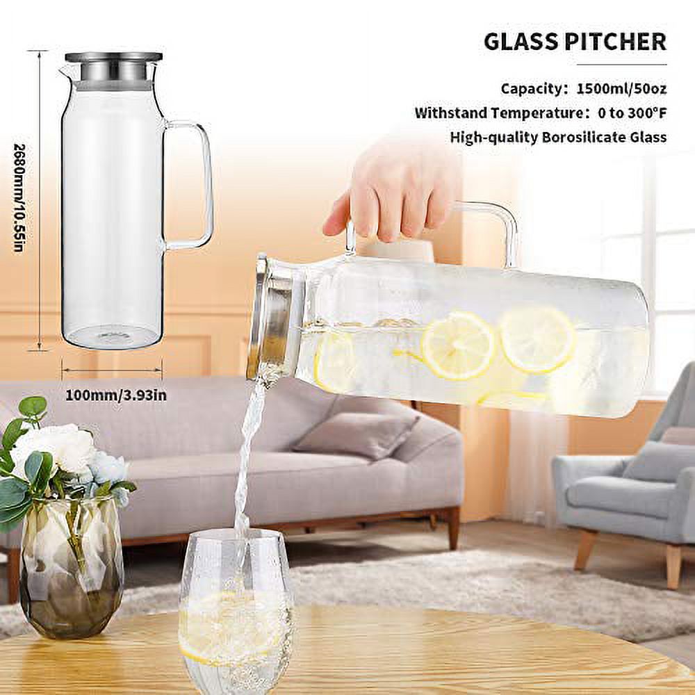 Glass Pitcher with Lid and Handle, 50 oz Borosilicate Glass Carafe F860720