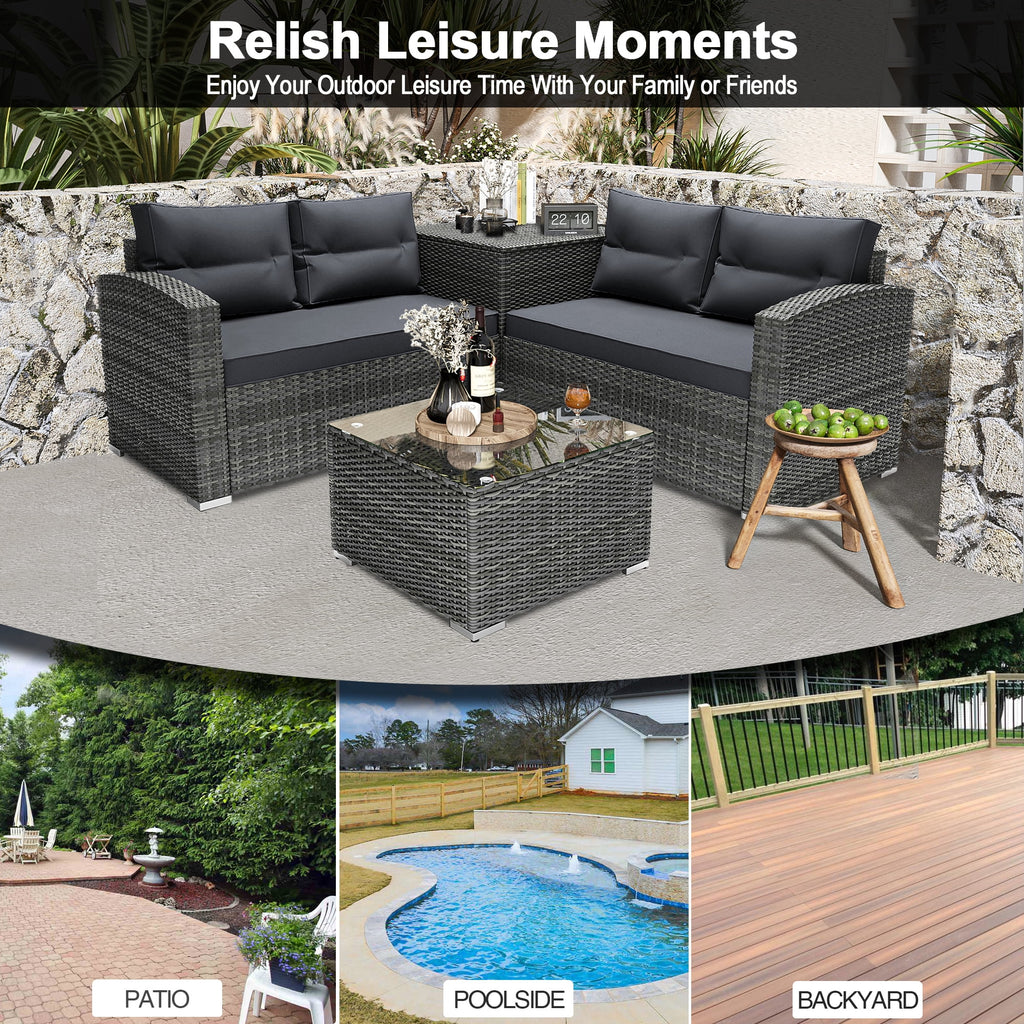 4 Pieces PE Rattan Sectional Sofa Set with Glass Table K171