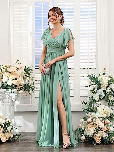 V Neck Flutter Sleeves Chiffon Aline Bridesmaid Dress with Slit N615289