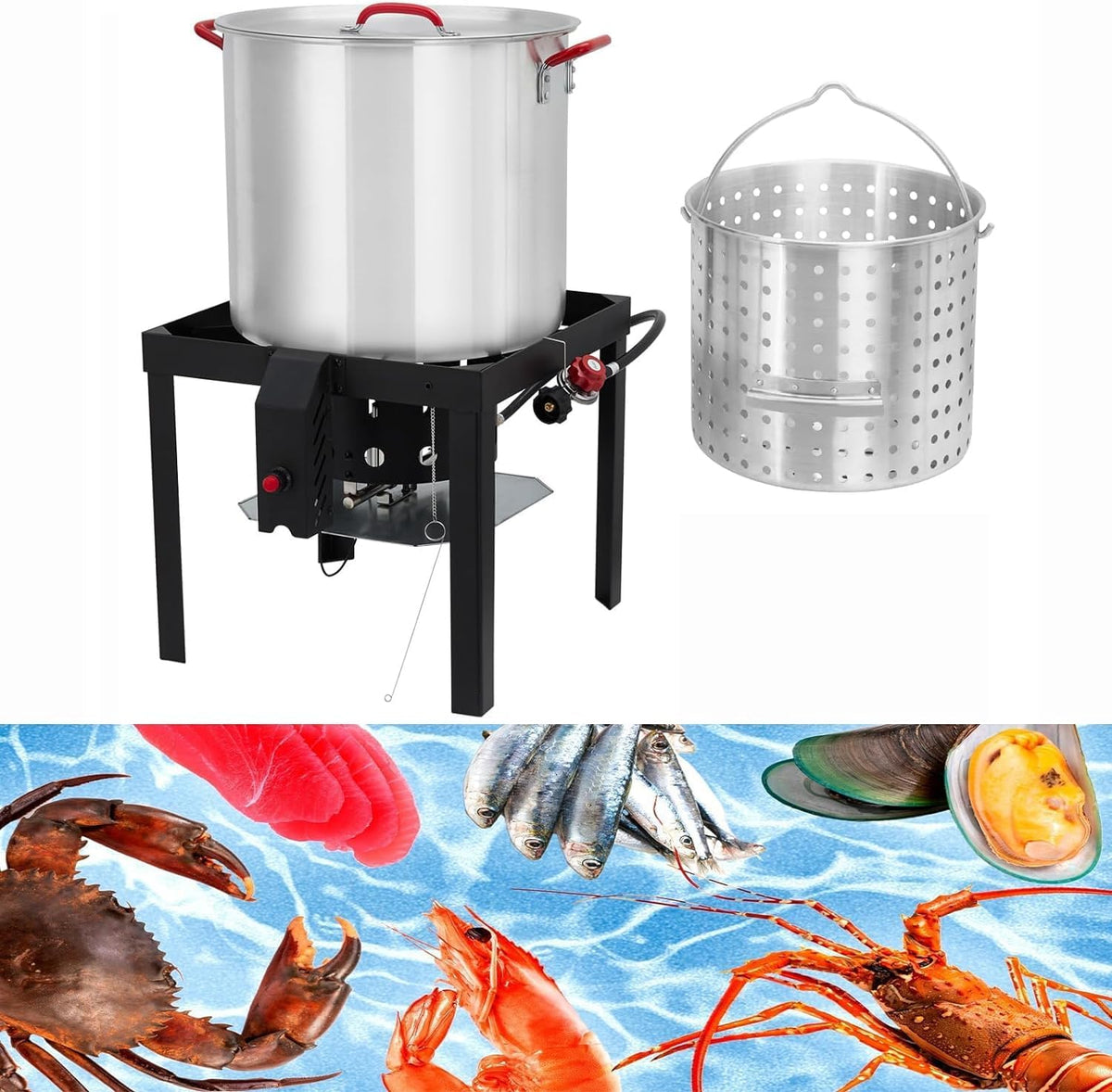 80 Qt Aluminum Seafood Boil Pot with Steam Basket and Propane Jet Burner N2415