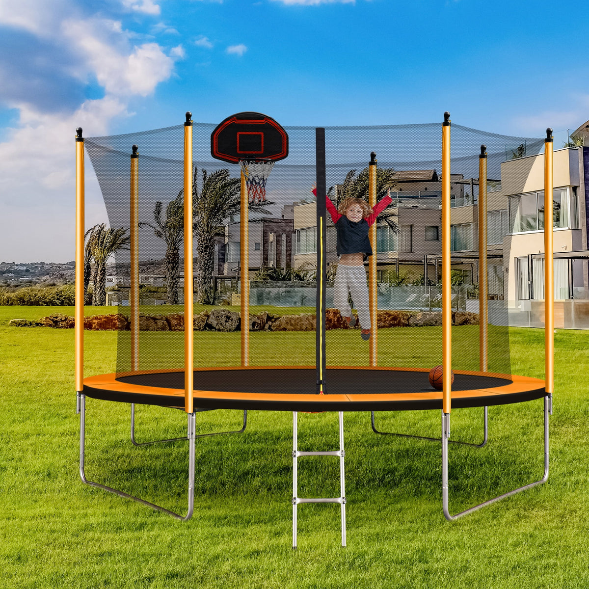 Orange Trampoline with Basketball Hoop and Ladder Q65566