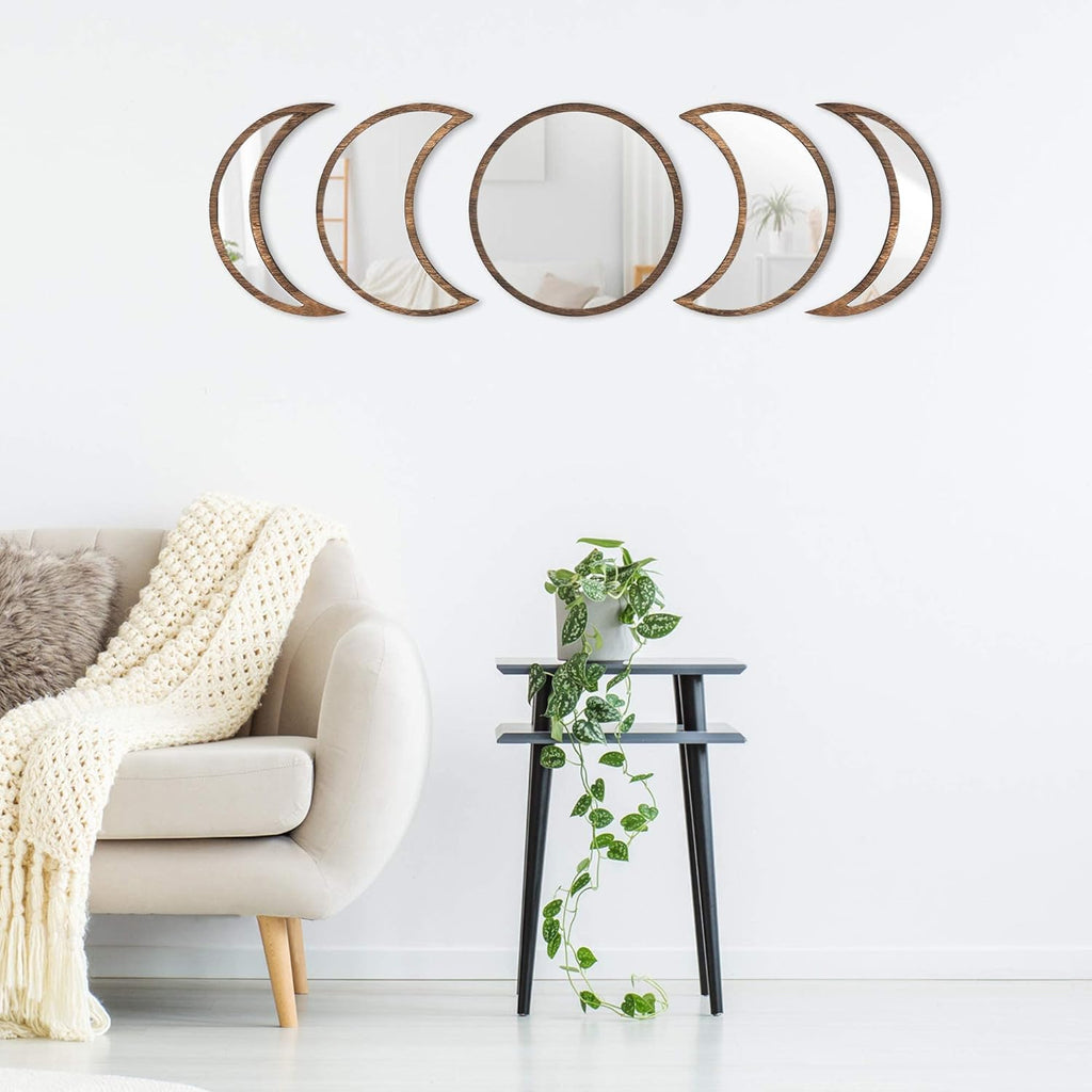 Scandinavian Moon Phase Mirror Set Glass Wood Frame Rustic White K3381