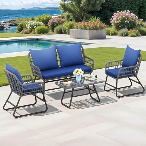 4-Piece Outdoor Wicker Bistro Set with Cushions and Metal Table B65618