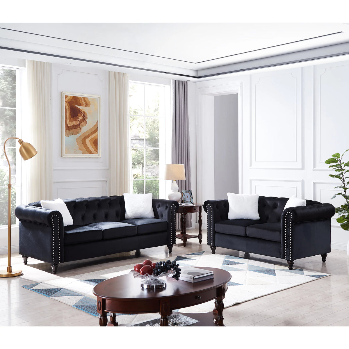 Black 2 Piece Sofa Set with 4 White Pillows B386