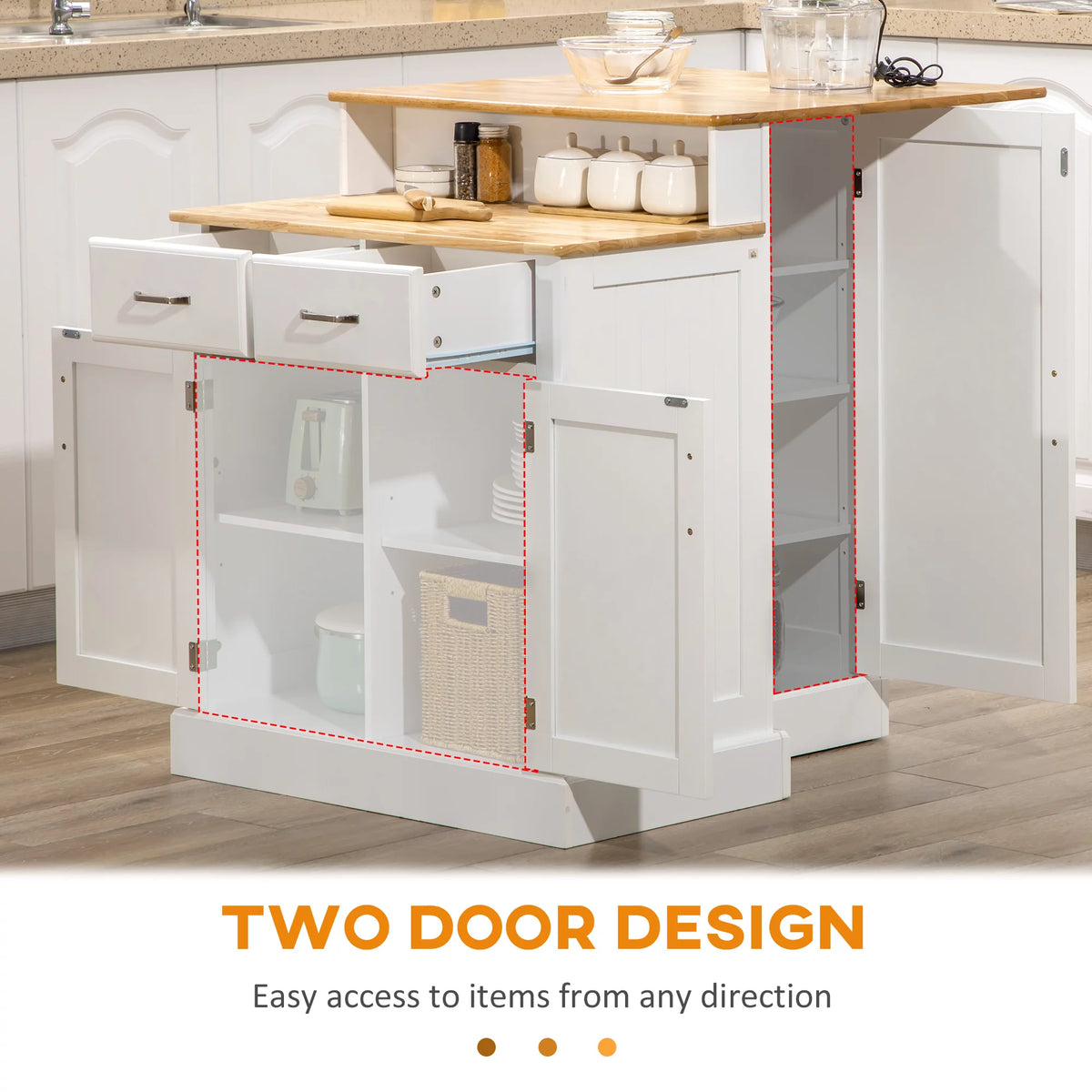 White Kitchen Island with Storage Cabinet and Drawers T7963