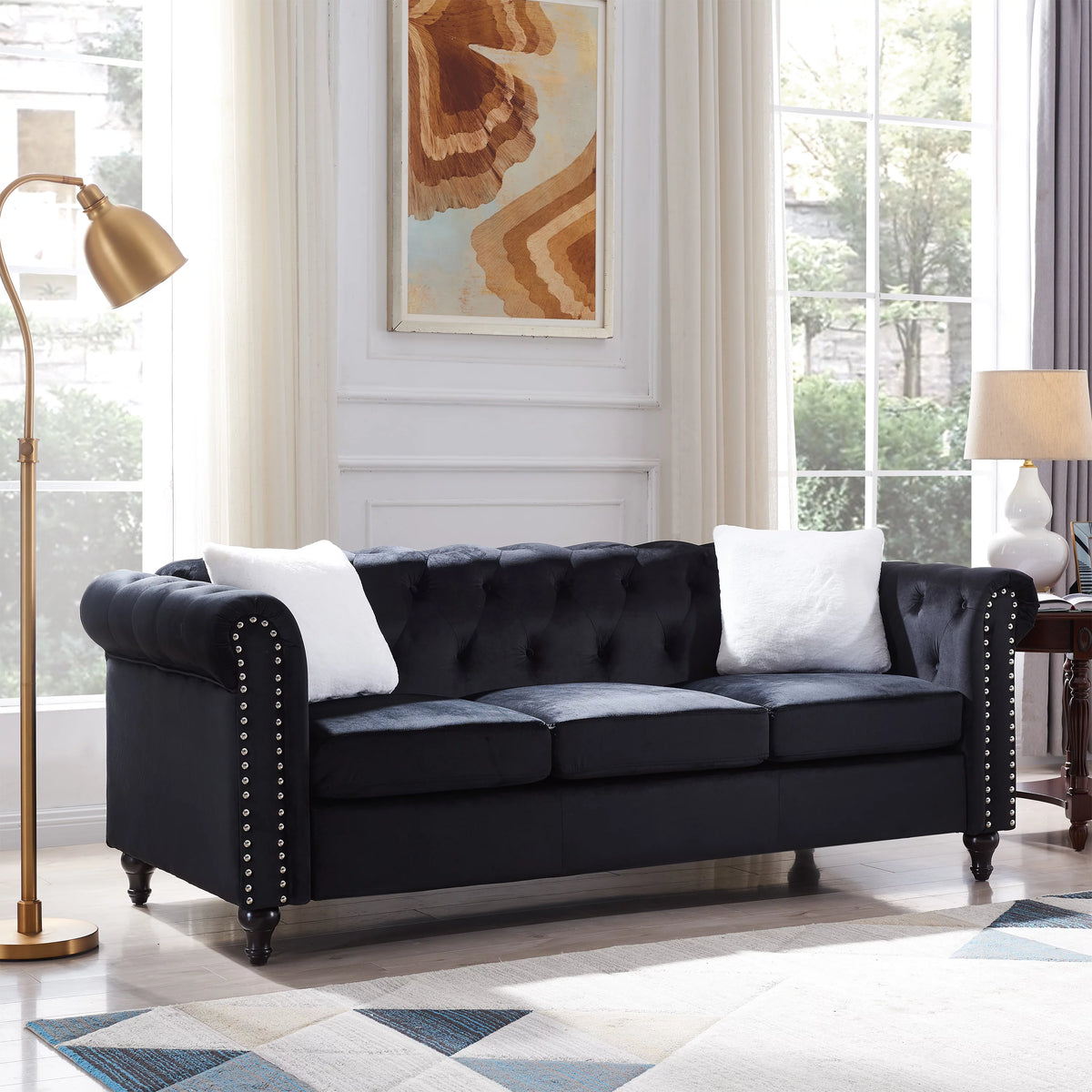 Black 2 Piece Sofa Set with 4 White Pillows B386