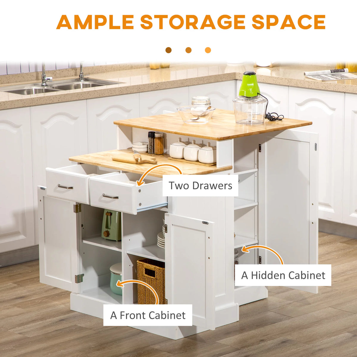 White Kitchen Island with Storage Cabinet and Drawers T7963