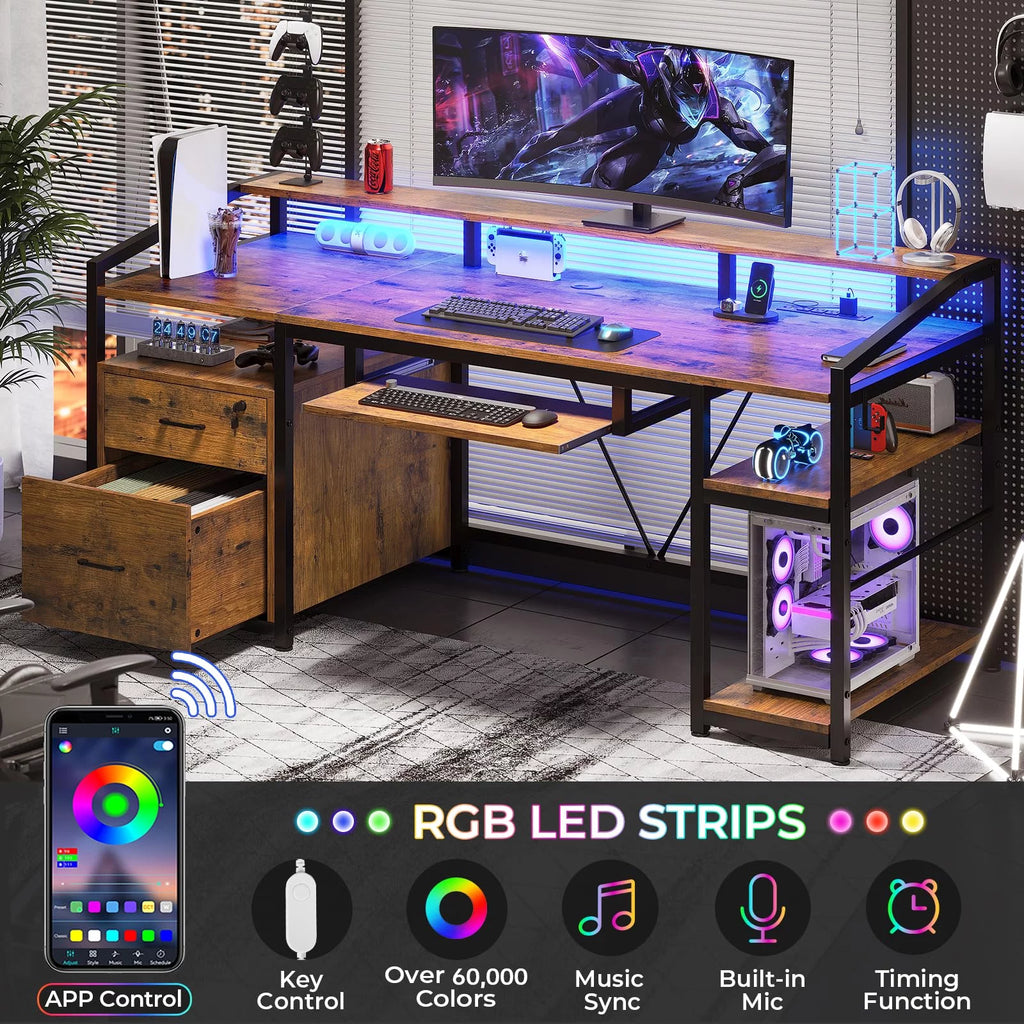 Computer Desk with LED Light and Power Outlet, 63 inches Gaming Desk with Lock Drawers W86428