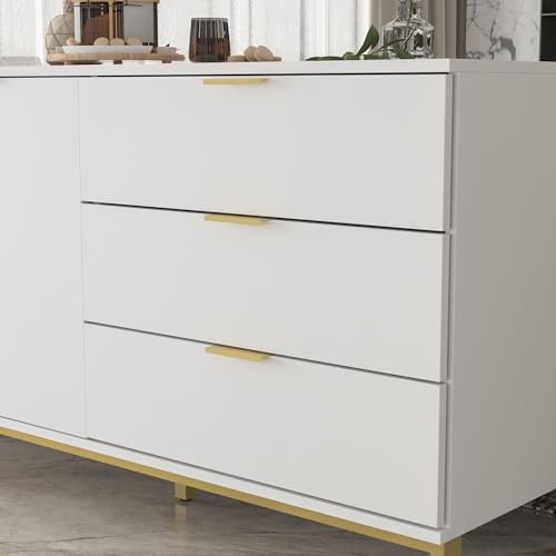 White Sideboard Storage Cabinet with Drawers and Doors, Gold Metal Frame Legs U7806