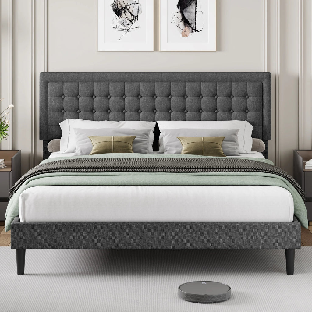 King Size Gray Linen Fabric Bed Frame with Tufted Headboard O122529