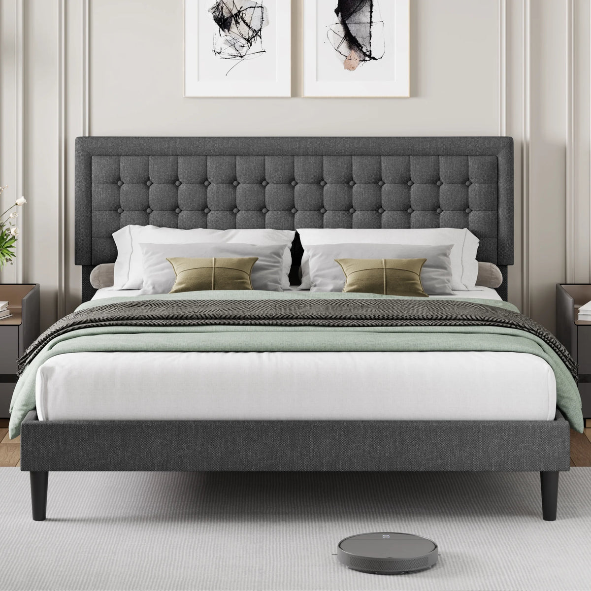 King Size Gray Linen Fabric Bed Frame with Tufted Headboard O122529