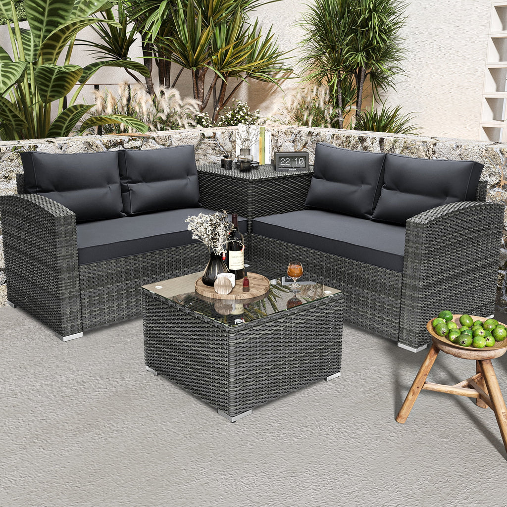 4 Pieces PE Rattan Sectional Sofa Set with Glass Table K171