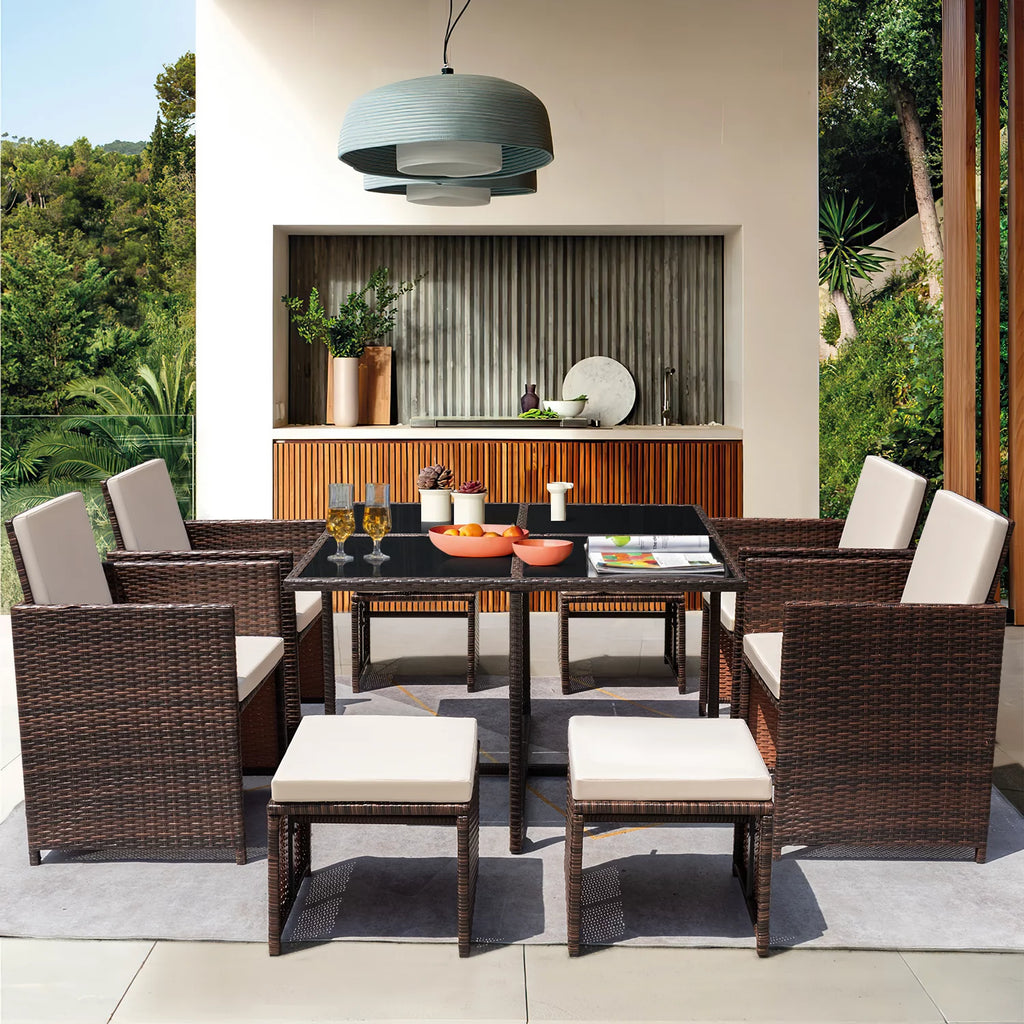 9 Pieces Outdoor Dining Set Wicker Chairs with Glass Table T9191