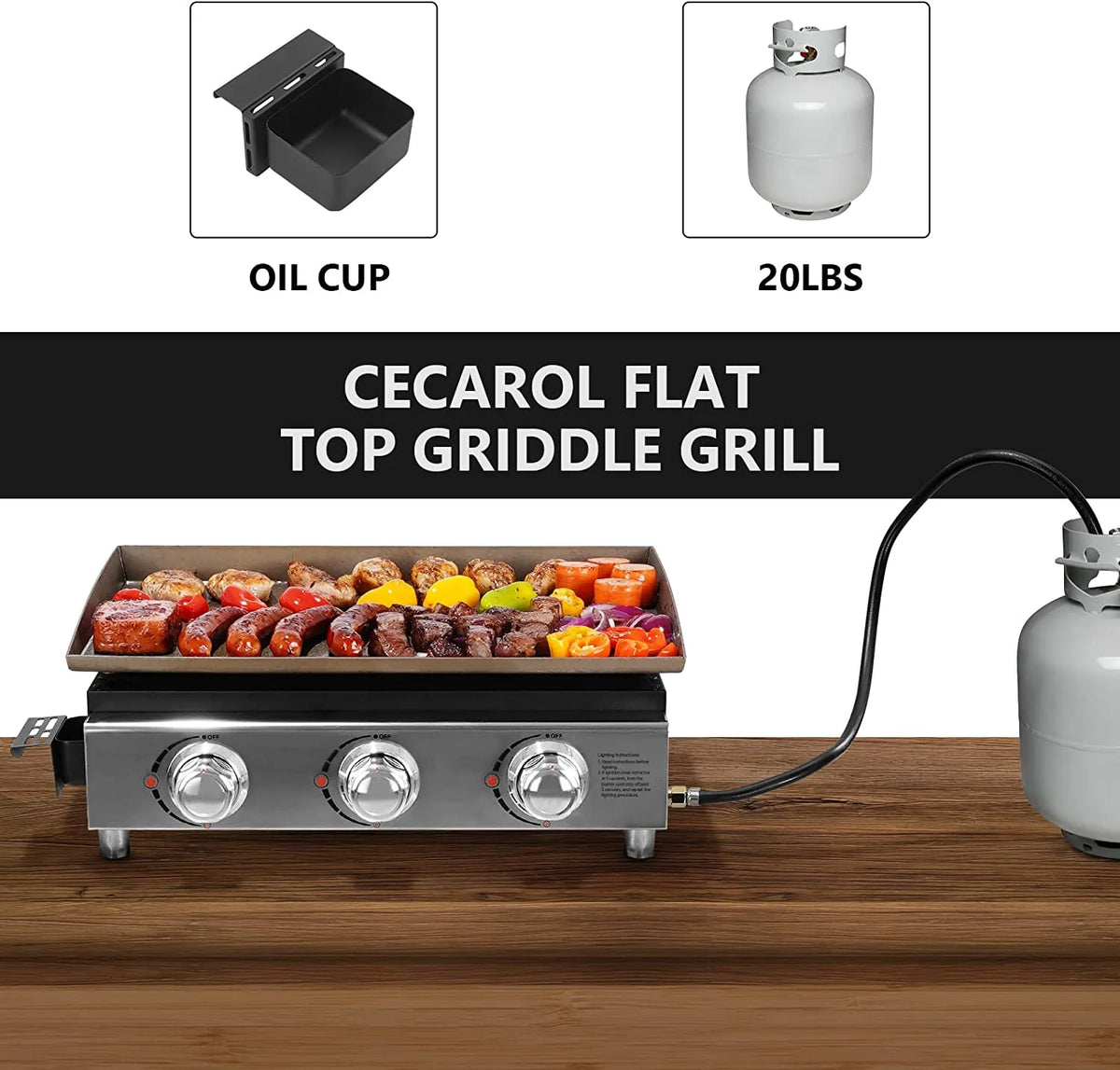 23in 3-Burner Propane Gas Griddle, 355 sq in, 25,500 BTU G483