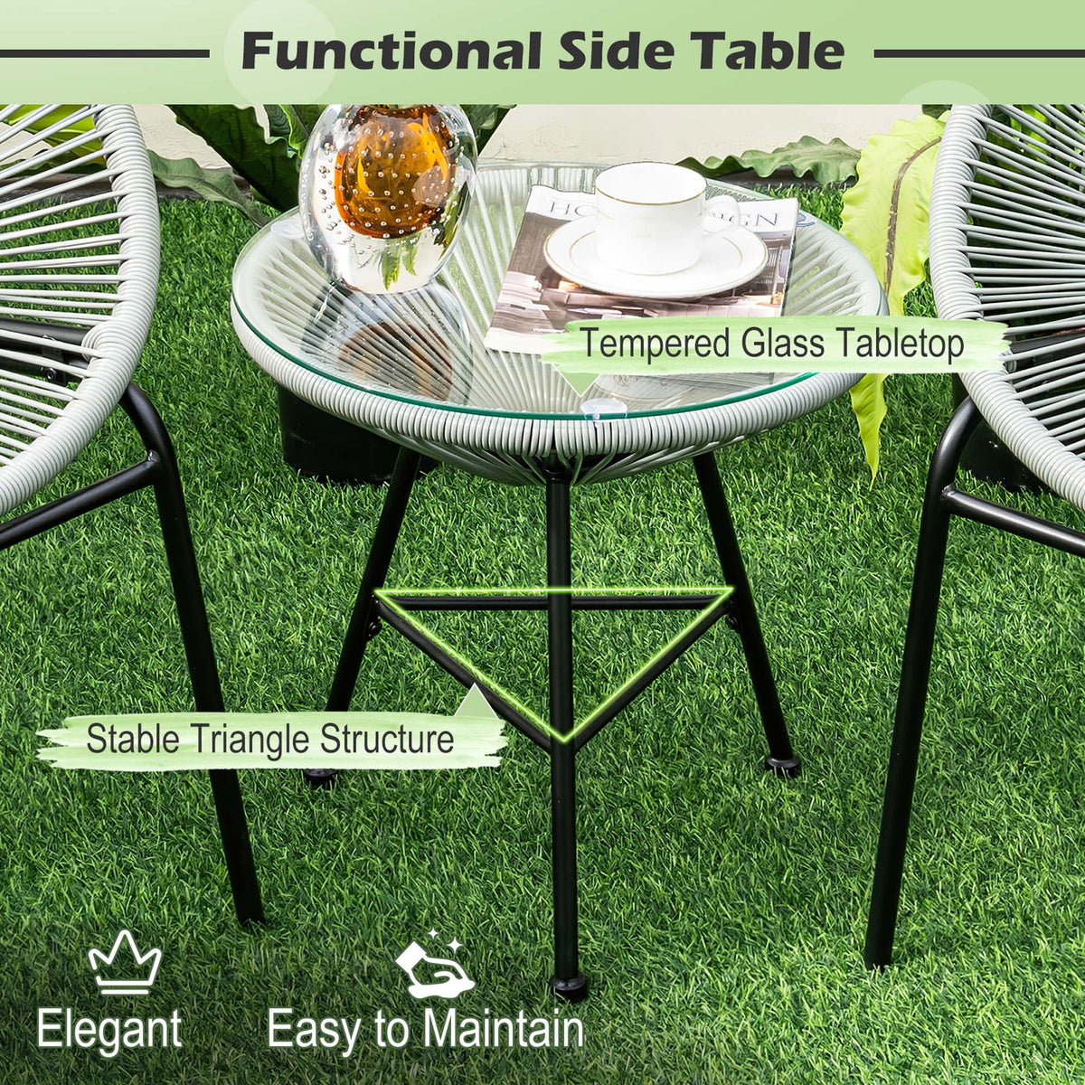 3 Pc Black Plastic Rope Patio Bistro Set T253912