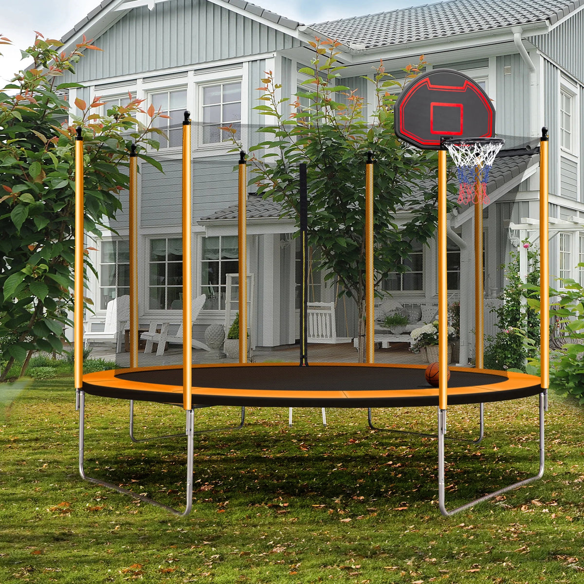 Orange Trampoline with Basketball Hoop and Ladder Q65566