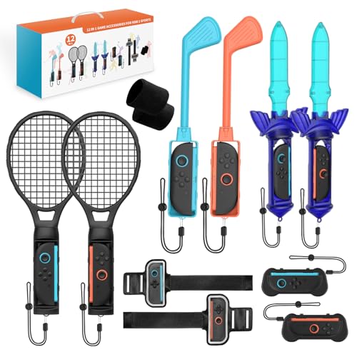 Switch Sports Games Accessories Bundle, 10 in 1 Family Party Pack with Tennis Rackets, Golf Clubs, Leg Straps & Joycon Grips O6768