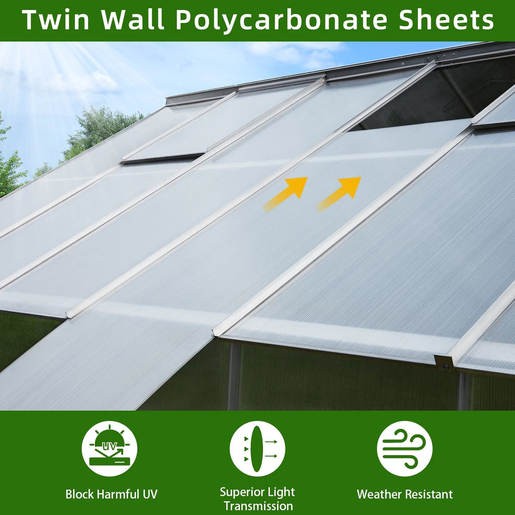 10' x 16' Walk-in Polycarbonate Greenhouse with Adjustable Roof Vent F4125