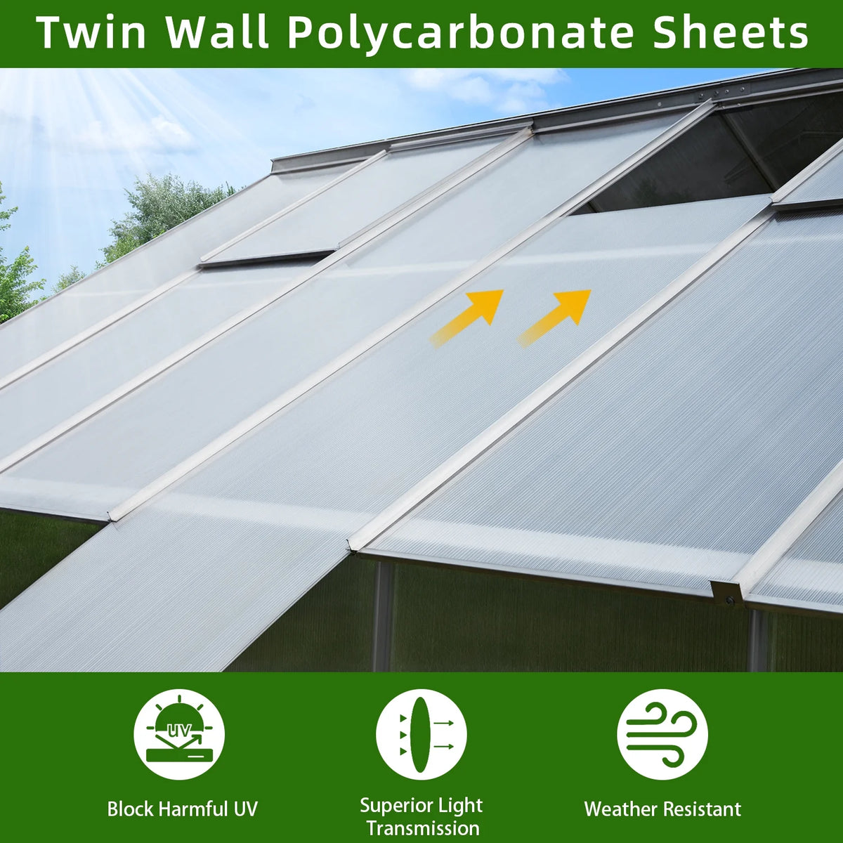10' x 16' Walk-in Polycarbonate Greenhouse with Adjustable Roof Vent F4125
