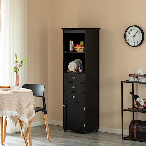 Black Tall Freestanding Storage Cabinet with 2 Open Shelves, 3 Drawers U210