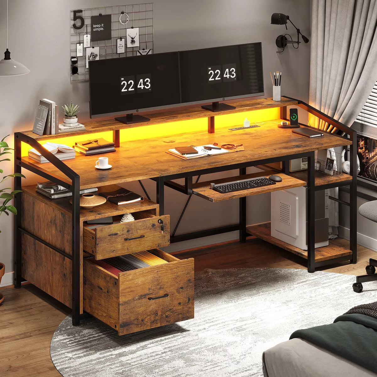 Computer Desk with LED Light and Power Outlet, 63 inches Gaming Desk with Lock Drawers W86428