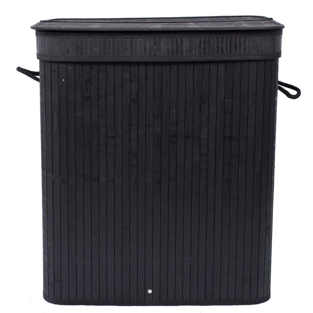Black Bamboo Double Laundry Hamper with Lid and Cloth Liner S1731