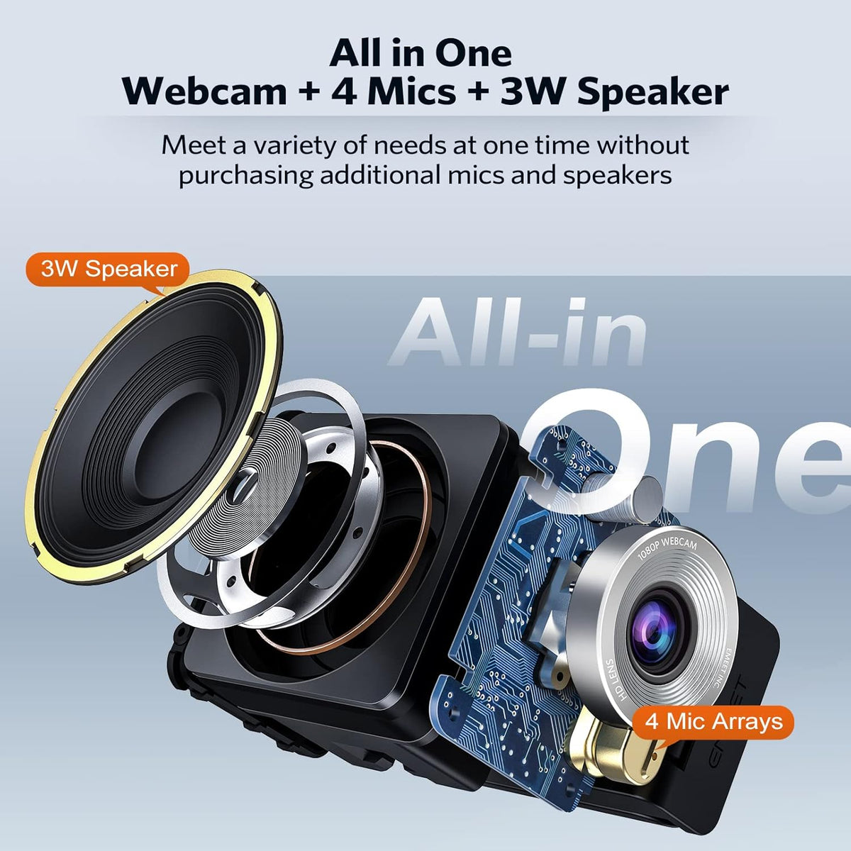3 in 1 1080P 60FPS Webcam with Microphone and Speaker H696605