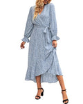 Women Long Sleeve Wrap Maxi Dress V Neck Floral High Waist Flowy Ruffle Dresses with Belt M273