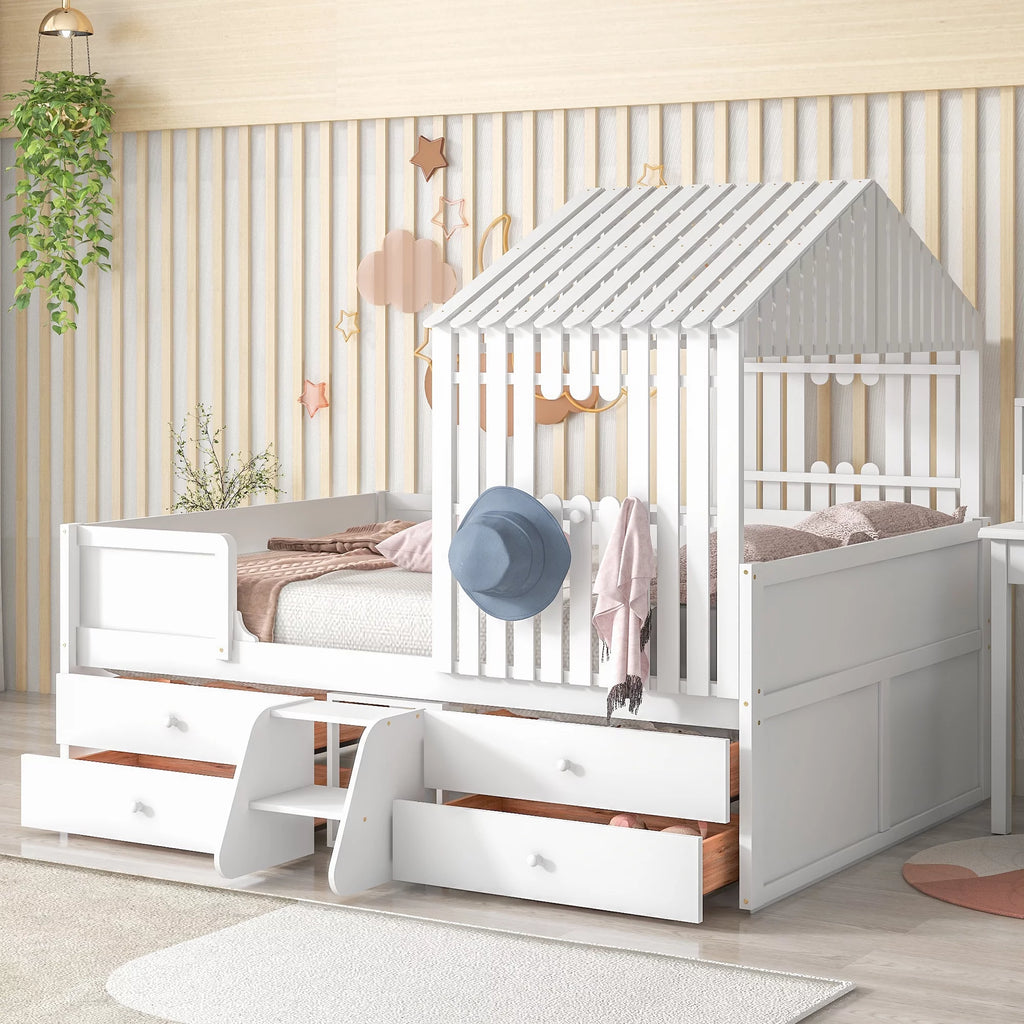 Full Size Low Loft Bed with Four Drawers White L79672