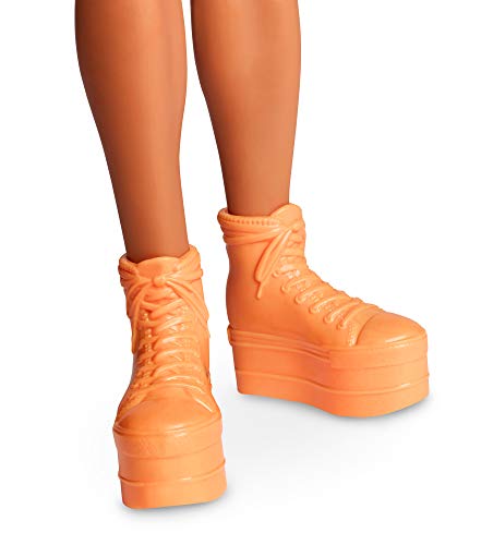Fully Poseable Fashion Doll with Neon Hair, Neon Overalls, Puffer Jacket, Accessories, and Doll Stand I26952
