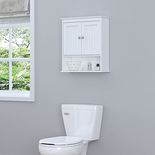 White Wood Bathroom Wall Cabinet with Doors and Shelves L508355