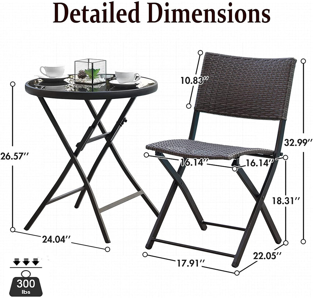 3 Pieces Wicker Patio Bistro Set with Folding Round Table and Chairs F9161
