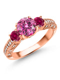 18K Rose Gold Plated Silver Pink Moissanite Red Created Ruby and White Moissanite Engagement Ring G356